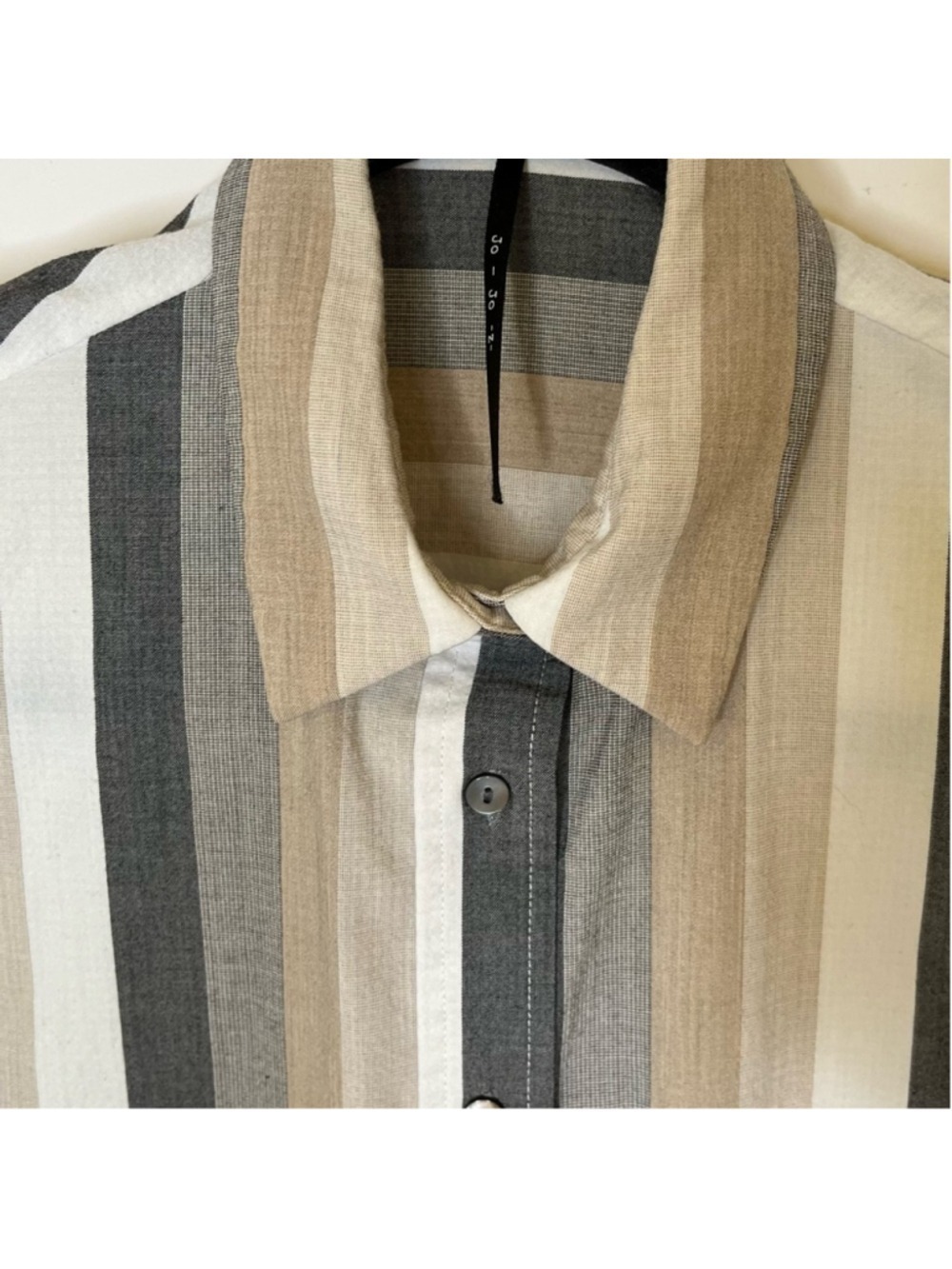 Striped Button Up Long Sleeve Shirt in Neutral Tan, Cream, Faded Black, Small - Picture 6 of 14
